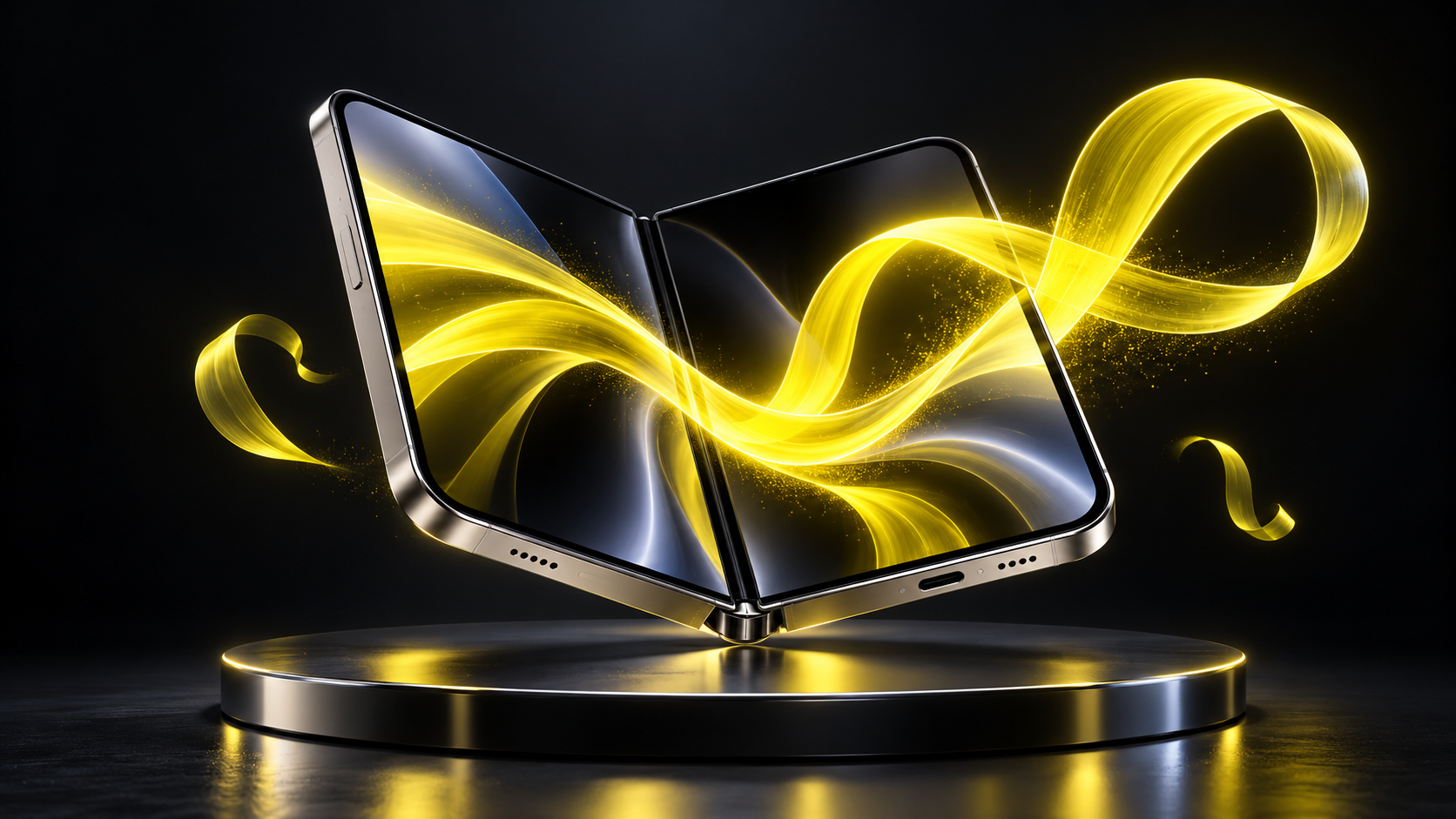 Silver foldable smartphone opened above a black stage with a neon-yellow ribbon flowing across its screens.